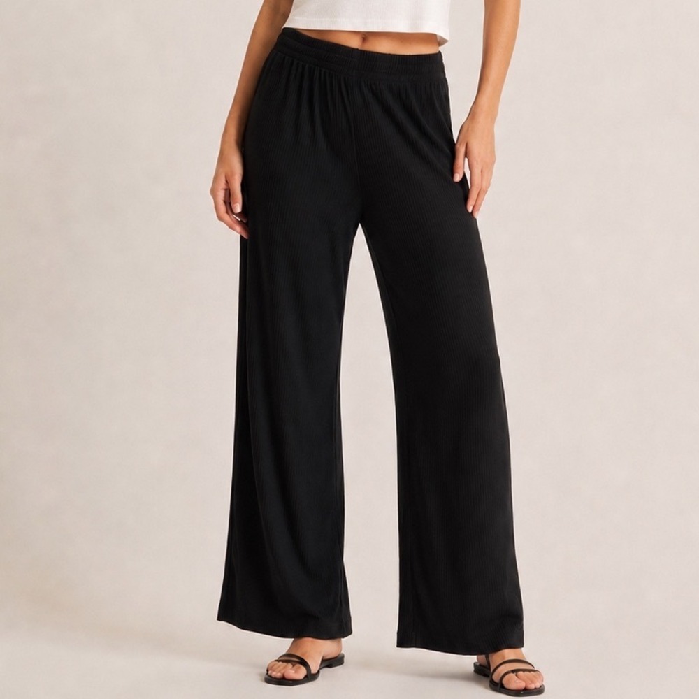 ASKK NY Ribbed Wide Leg Pants Womens 0 Black Pull On Lounge Travel Everyday Fit